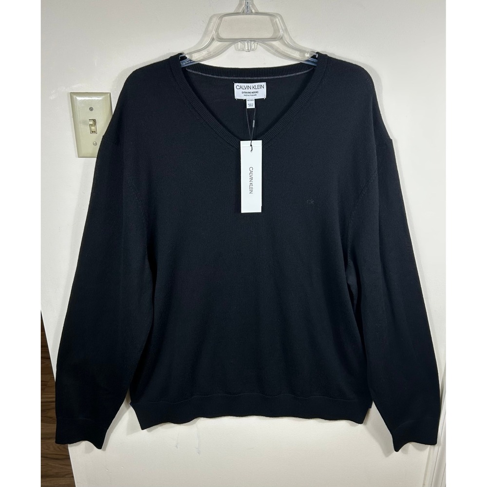 Calvin Klein Sweater Mens XXL Black Extra Fine Merino Wool V-Neck Pullover Luxe